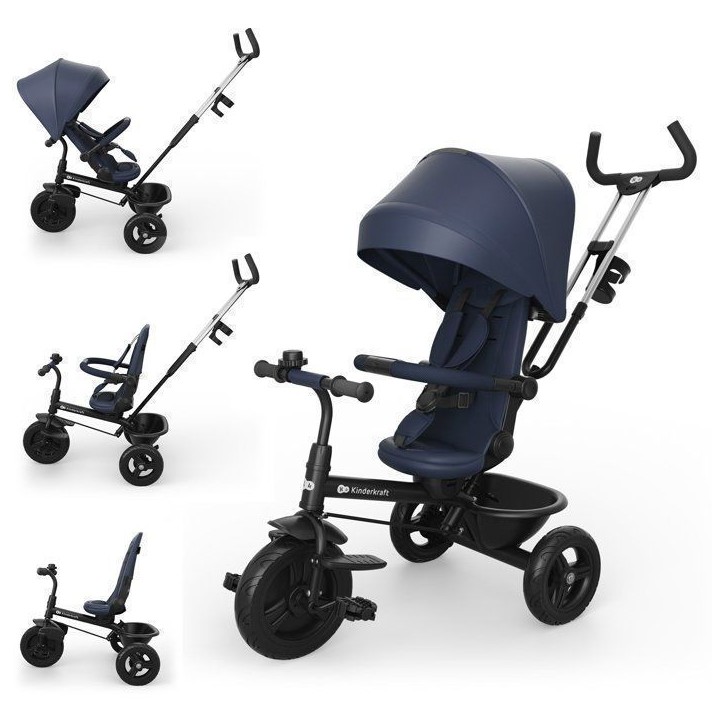 Tricycle Kinderkraft ASTON 2 PLUS évolutif 6 en 1 siege pivotant 360° semi-allongé avec guidon parental canopy Bleu marine