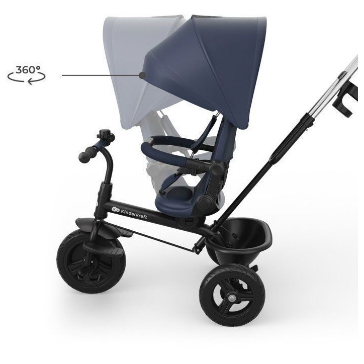 Tricycle Kinderkraft ASTON 2 PLUS évolutif 6 en 1 siege pivotant 360° semi-allongé avec guidon parental canopy Bleu marine