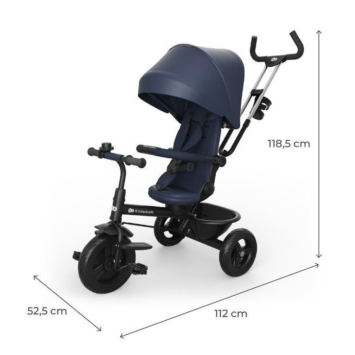 Tricycle Kinderkraft ASTON 2 PLUS évolutif 6 en 1 siege pivotant 360° semi-allongé avec guidon parental canopy Bleu marine