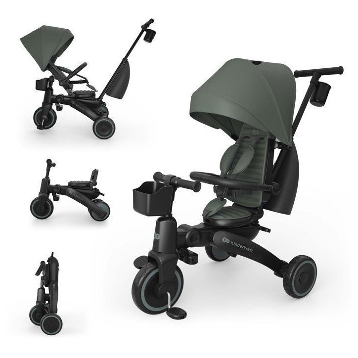 Tricycle Kinderkraft JAZZ 3 évolutif pliable 6 modes siege réversible inclinable canopy UPF50+ poignée parentale Vert