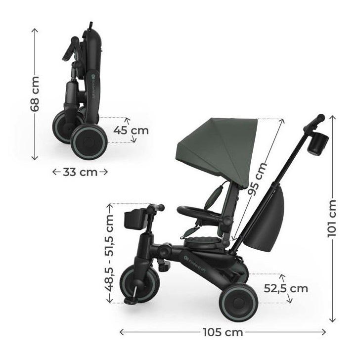 Tricycle Kinderkraft JAZZ 3 évolutif pliable 6 modes siege réversible inclinable canopy UPF50+ poignée parentale Vert