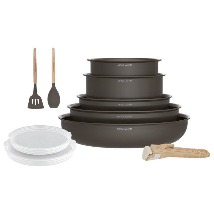 Batterie de cuisine - Tous feux dont induction - ARTHUR MARTIN – Revetement céramique - 10 pieces - Poignée amovible - Choco