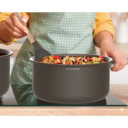 Batterie de cuisine - Tous feux dont induction - ARTHUR MARTIN – Revetement céramique - 10 pieces - Poignée amovible - Choco