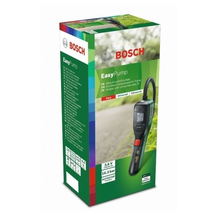pompe a air comprimé sans fil BOSCH Easypump 3,6V - pour gonfler pneus (vélo, voiture, moto) ballons avec sac textile 06039470