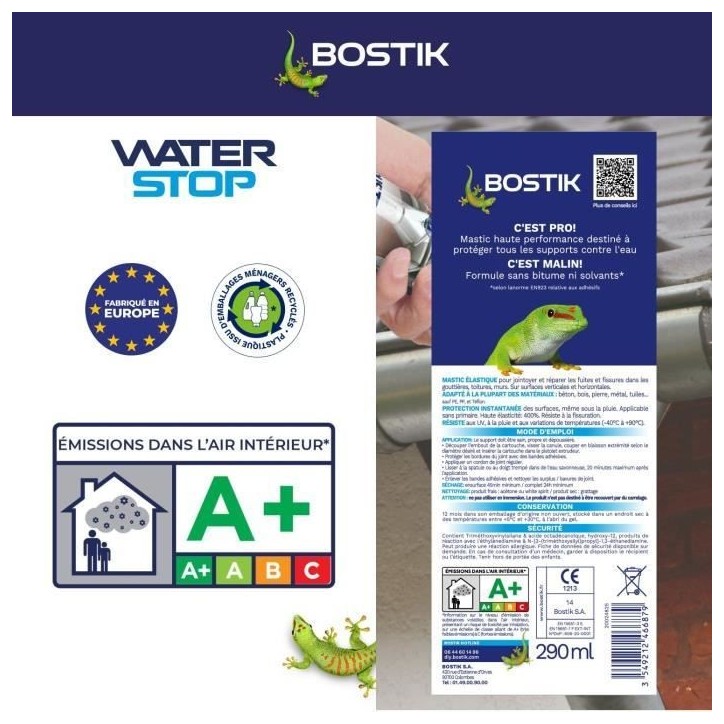 Membrane d'étanchéité - BOSTIK - Waterstop - Réparation fuites - Cartouche 290 ml - Gris
