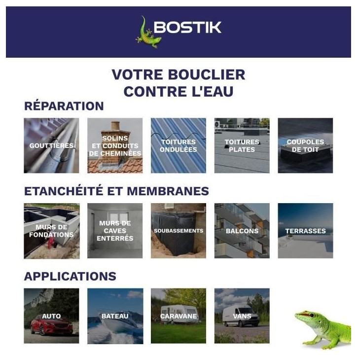 Membrane d'étanchéité - BOSTIK - Waterstop - Réparation fuites - Seau 14 kg - Gris