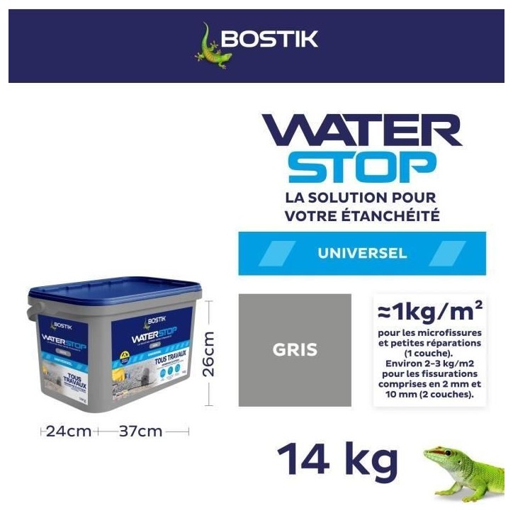 Membrane d'étanchéité - BOSTIK - Waterstop - Réparation fuites - Seau 14 kg - Gris