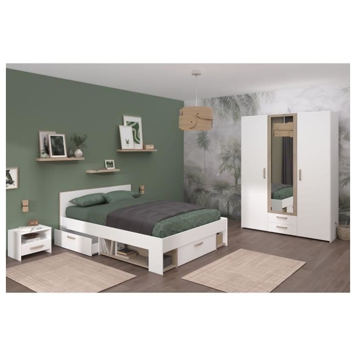 Chambre complete adulte - DREAM - Lit 140x190/200 cm + 2 chevets + armoire - Décor blanc et chene - PARISOT