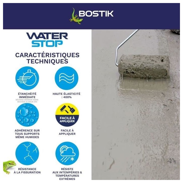 Membrane d'étanchéité - BOSTIK - Waterstop - Réparation fuites - Seau 14 kg - Gris
