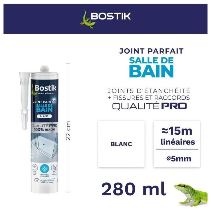 Mastic salle de bain - BOSTIK - Joint Parfait - Étanchéité silicone - Anti moisissures - Blanc - 280 ml