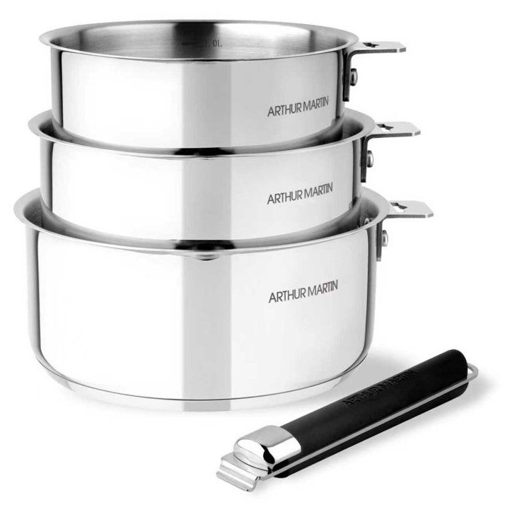 Set de 3 casseroles - ARTHUR MARTIN – 16-18-20 cm - Acier Inoxydable - Tous feux dont induction – poignée amovible Set de 3 casseroles - ARTHUR MARTIN – 16-18-20 cm - Acier Inoxydable - Tous feux dont induction – poignée amovible