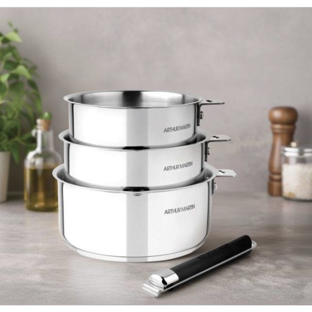 Set de 3 casseroles - ARTHUR MARTIN – 16-18-20 cm - Acier Inoxydable - Tous feux dont induction – poignée amovible