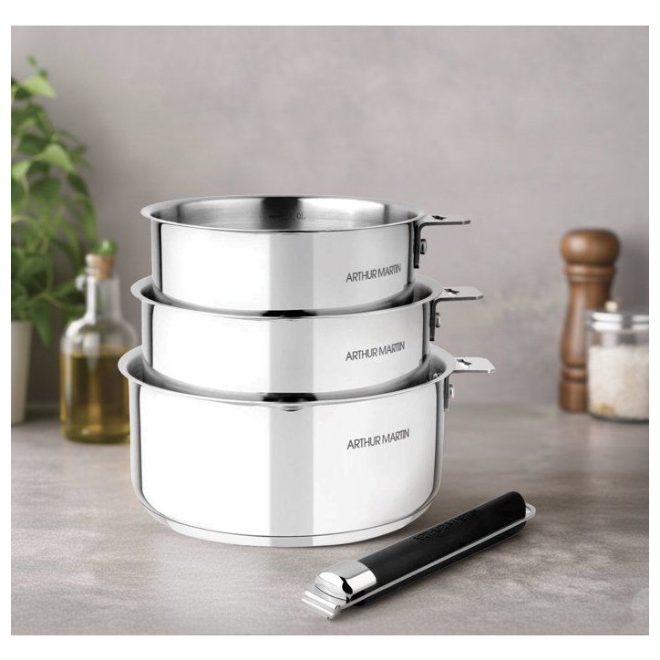 Set de 3 casseroles - ARTHUR MARTIN – 16-18-20 cm - Acier Inoxydable - Tous feux dont induction – poignée amovible Set de 3 casseroles - ARTHUR MARTIN – 16-18-20 cm - Acier Inoxydable - Tous feux dont induction – poignée amovible