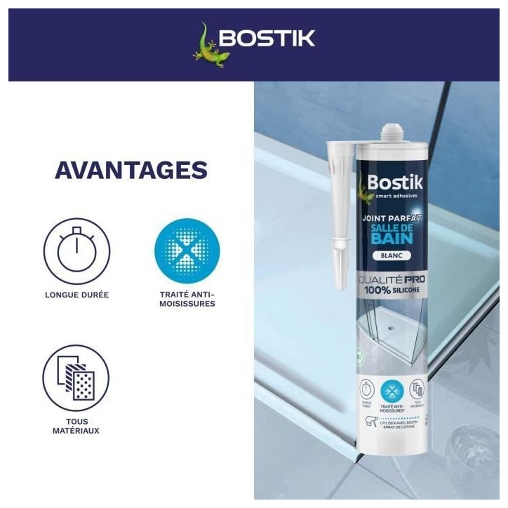 Mastic salle de bain - BOSTIK - Joint Parfait - Étanchéité silicone - Anti moisissures - Blanc - 280 ml