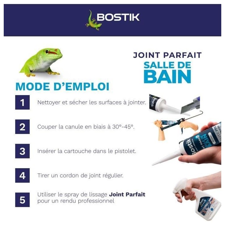 Mastic salle de bain - BOSTIK - Joint Parfait - Étanchéité silicone - Anti moisissures - Blanc - 280 ml