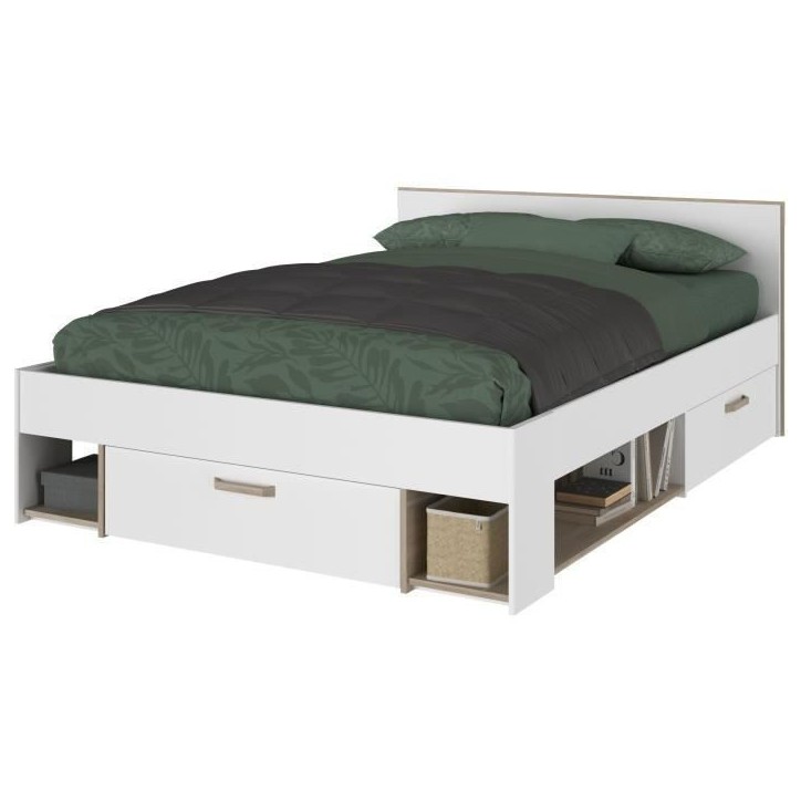 Chambre complete adulte - DREAM - Lit 140x190/200 cm + 2 chevets + armoire - Décor blanc et chene - PARISOT