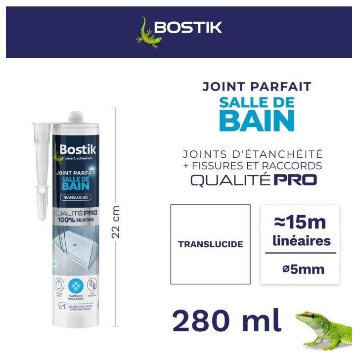 Mastic salle de bain - BOSTIK - Joint Parfait - Étanchéité silicone - Anti moisissures - Transparent - 280 ml Mastic salle de bain - BOSTIK - Joint Parfait - Étanchéité silicone - Anti moisissures - Transparent - 280 ml