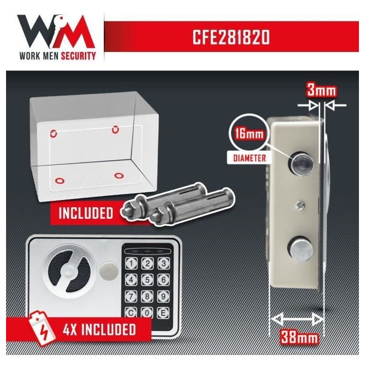 Coffre fort électronique - Work Men Security - CFE281820 - Dimensions extérieur 28 x 20 x 18 cm Coffre fort électronique - Work Men Security - CFE281820 - Dimensions extérieur 28 x 20 x 18 cm