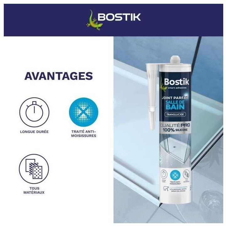 Mastic salle de bain - BOSTIK - Joint Parfait - Étanchéité silicone - Anti moisissures - Transparent - 280 ml Mastic salle de bain - BOSTIK - Joint Parfait - Étanchéité silicone - Anti moisissures - Transparent - 280 ml