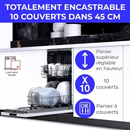 Lave-vaisselle encastrable CONTINENTAL EDISON CELV1044CFI - 10 couverts - Induction - L45cm - 44 dB - Blanc