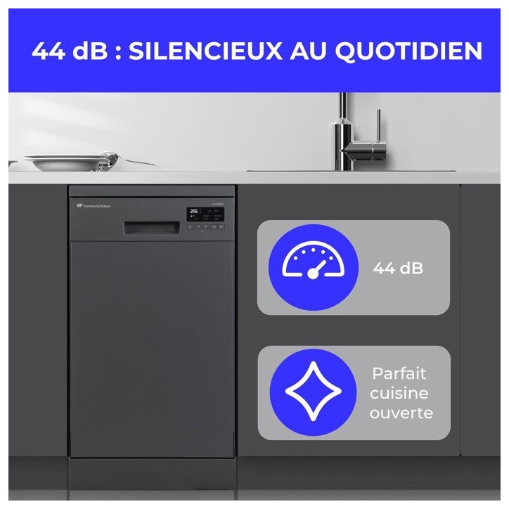 Lave-vaisselle pose libre CONTINENTAL EDISON CELV1044CS - 10 couverts - Induction - L45cm - 44 dB - Silver Lave-vaisselle pose libre CONTINENTAL EDISON CELV1044CS - 10 couverts - Induction - L45cm - 44 dB - Silver