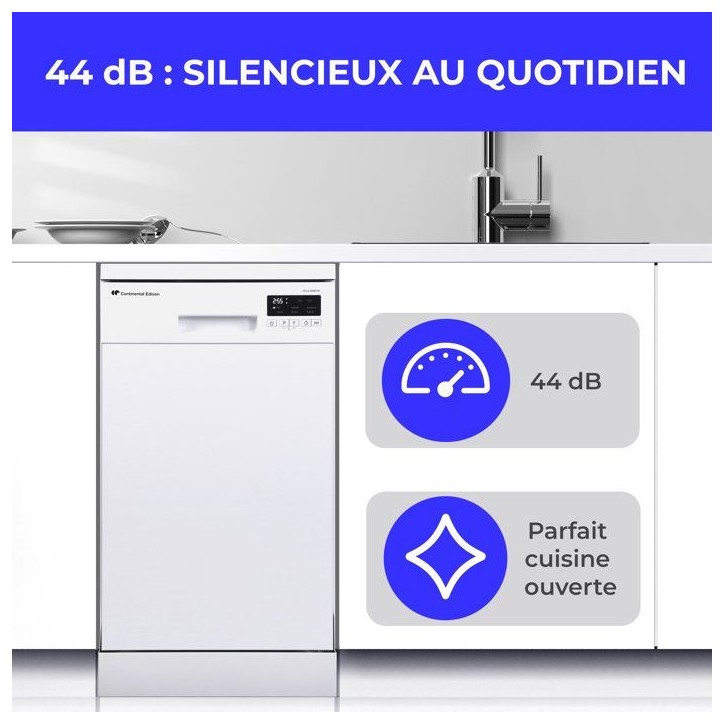 Lave-vaisselle pose libre CONTINENTAL EDISON CELV1044CW - 10 couverts - Induction - L45cm - 44 dB - Blanc