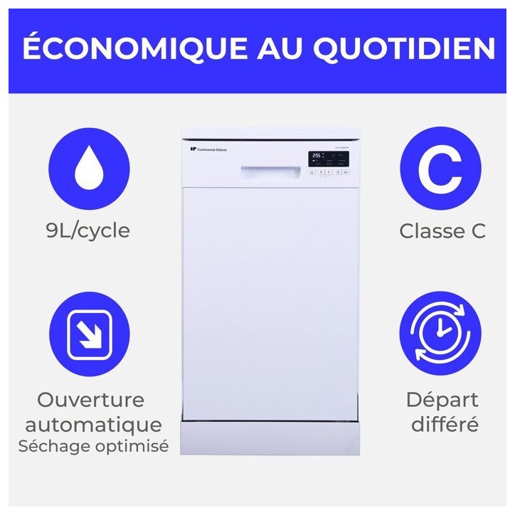 Lave-vaisselle pose libre CONTINENTAL EDISON CELV1044CW - 10 couverts - Induction - L45cm - 44 dB - Blanc