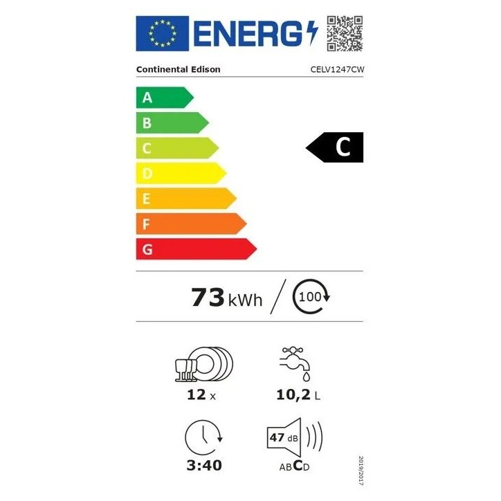 Lave-vaisselle pose libre CONTINENTAL EDISON CELV1247CW - 12 couverts - L60cm - Classe C - 47dB - Blanc