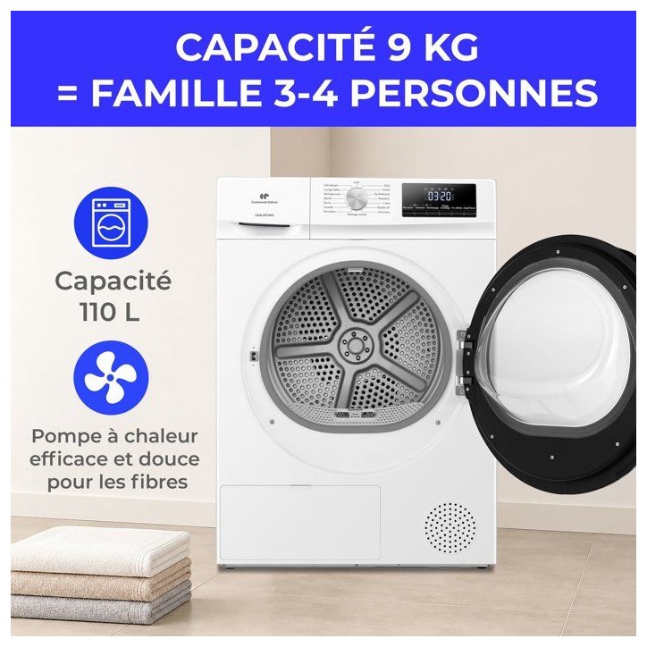 Seche-linge pompe a chaleur CONTINENTAL EDISON CESL9PCWD - 9 kg - L60cm - Classe D - Blanc Seche-linge pompe a chaleur CONTINENTAL EDISON CESL9PCWD - 9 kg - L60cm - Classe D - Blanc