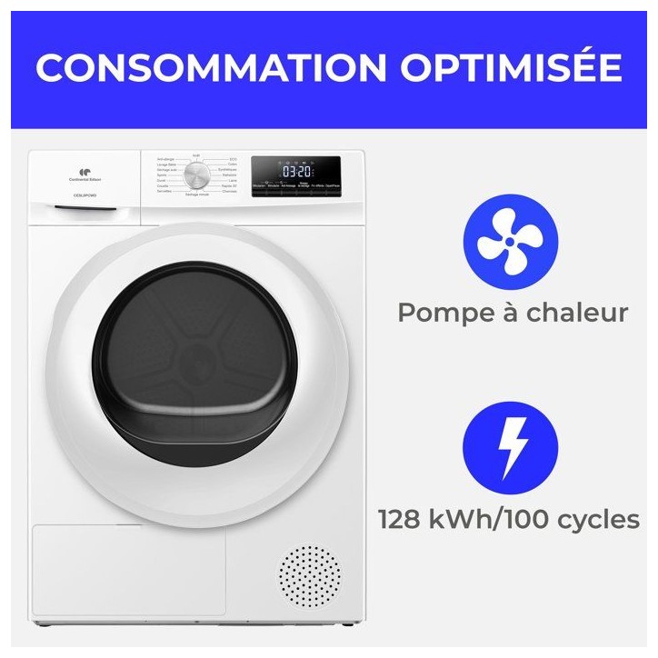 Seche-linge pompe a chaleur CONTINENTAL EDISON CESL9PCWD - 9 kg - L60cm - Classe D - Blanc Seche-linge pompe a chaleur CONTINENTAL EDISON CESL9PCWD - 9 kg - L60cm - Classe D - Blanc