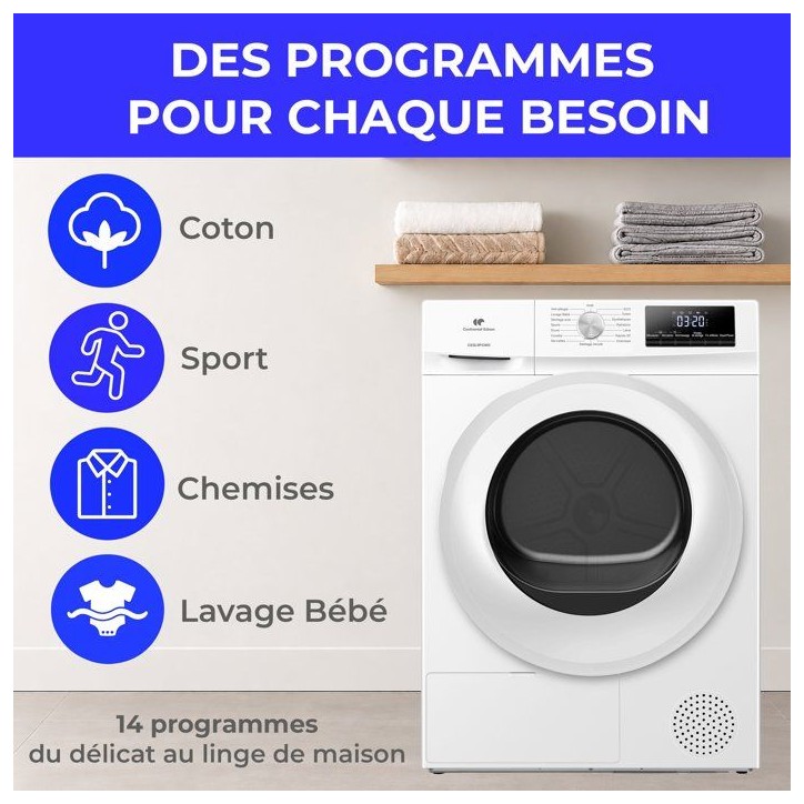 Seche-linge pompe a chaleur CONTINENTAL EDISON CESL9PCWD - 9 kg - L60cm - Classe D - Blanc Seche-linge pompe a chaleur CONTINENTAL EDISON CESL9PCWD - 9 kg - L60cm - Classe D - Blanc