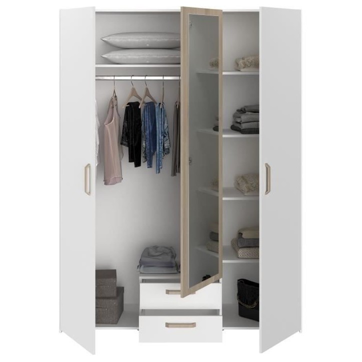 Chambre complete adulte - DREAM - Lit 140x190/200 cm + 2 chevets + armoire - Décor blanc et chene - PARISOT