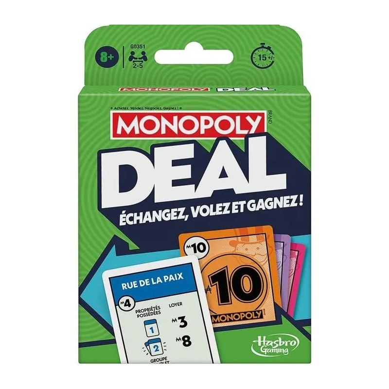 Monopoly Deal, jeu de cartes rapide pour 2 a 5 joueurs, jeux de soci