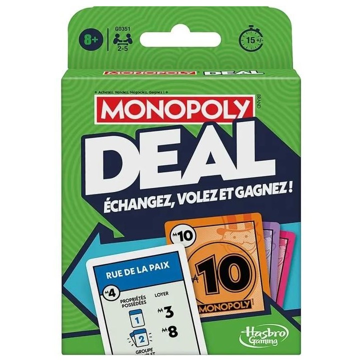 Monopoly Deal, jeu de cartes rapide pour 2 a 5 joueurs, jeux de société amusants pour la famille et les enfants, 2 a 5 joueu
