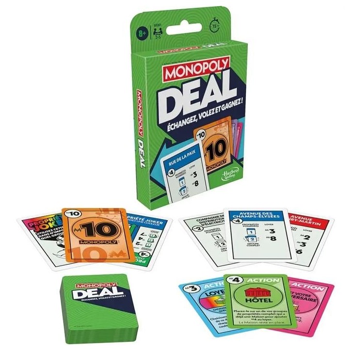 Monopoly Deal, jeu de cartes rapide pour 2 a 5 joueurs, jeux de société amusants pour la famille et les enfants, 2 a 5 joueu