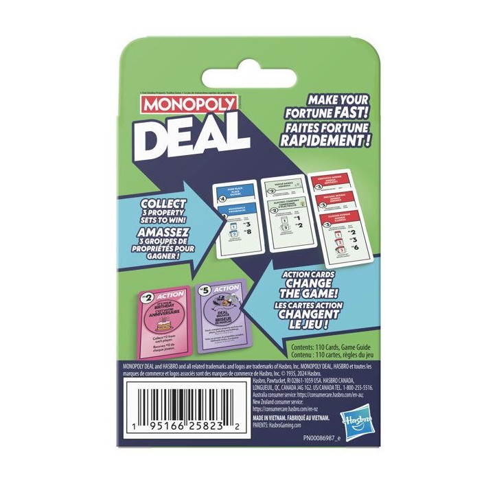 Monopoly Deal, jeu de cartes rapide pour 2 a 5 joueurs, jeux de société amusants pour la famille et les enfants, 2 a 5 joueu