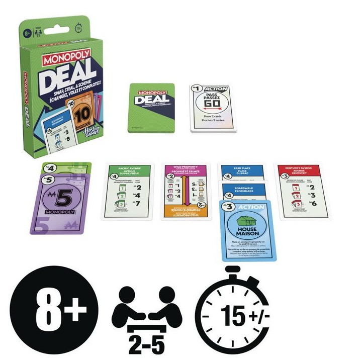 Monopoly Deal, jeu de cartes rapide pour 2 a 5 joueurs, jeux de société amusants pour la famille et les enfants, 2 a 5 joueu