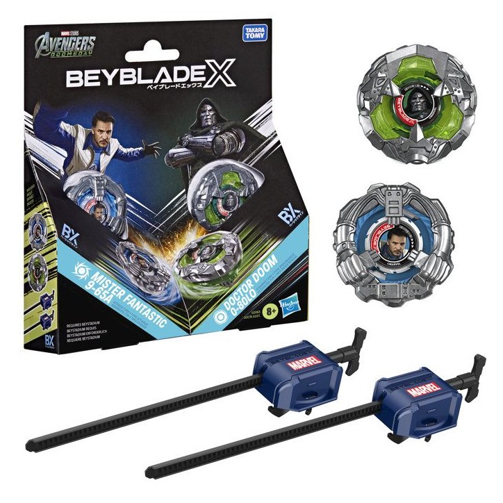 Beyblade X Starter Pack Dual Docteur Doom 0-80LO c. M. Fantastique 9-65A, 2 toupies de compétition Takara Tomy, 2 lanceurs, d Beyblade X Starter Pack Dual Docteur Doom 0-80LO c. M. Fantastique 9-65A, 2 toupies de compétition Takara Tomy, 2 lanceurs, d