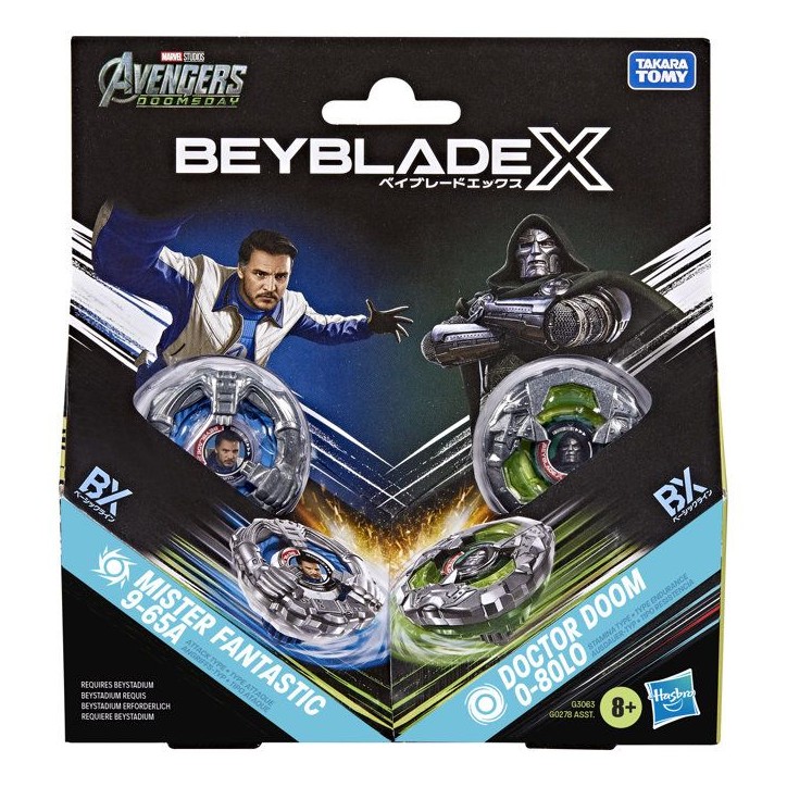 Beyblade X Starter Pack Dual Docteur Doom 0-80LO c. M. Fantastique 9-65A, 2 toupies de compétition Takara Tomy, 2 lanceurs, d Beyblade X Starter Pack Dual Docteur Doom 0-80LO c. M. Fantastique 9-65A, 2 toupies de compétition Takara Tomy, 2 lanceurs, d