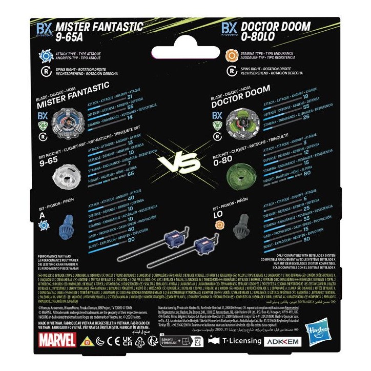 Beyblade X Starter Pack Dual Docteur Doom 0-80LO c. M. Fantastique 9-65A, 2 toupies de compétition Takara Tomy, 2 lanceurs, d Beyblade X Starter Pack Dual Docteur Doom 0-80LO c. M. Fantastique 9-65A, 2 toupies de compétition Takara Tomy, 2 lanceurs, d