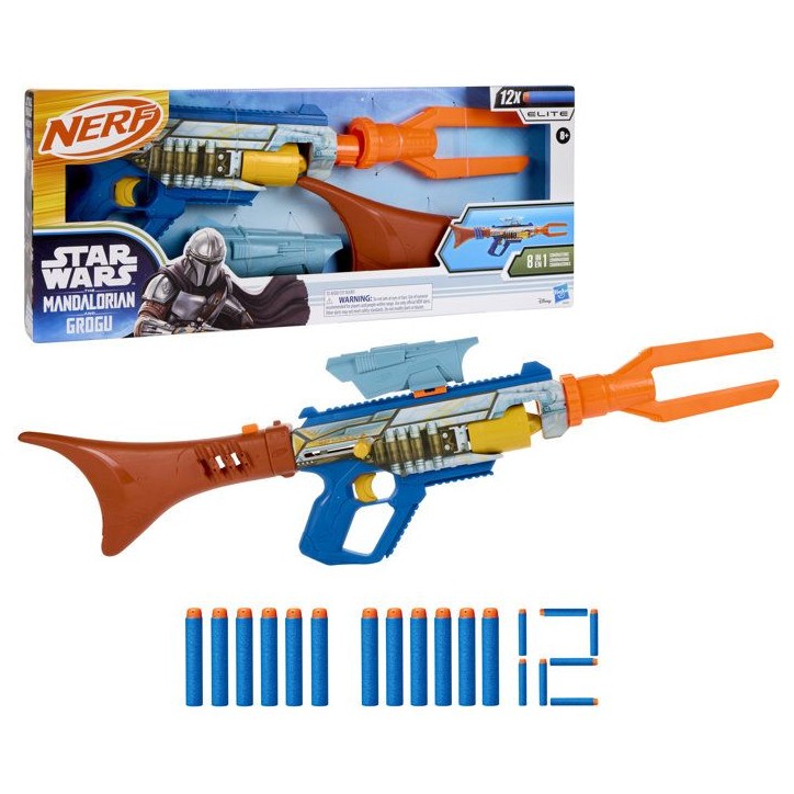 Nerf Star Wars Blaster The Mandalorian, viseur, canon, crosse de rangement, 12 fléchettes Nerf Elite, des 8 ans