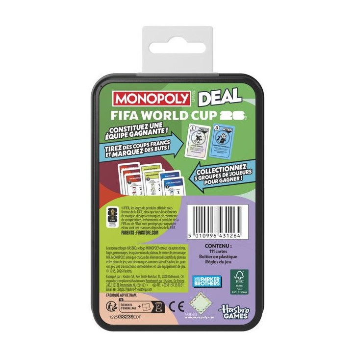Monopoly Deal FIFA World Cup édition 2026, jeu de cartes sous licence officielle pour enfants, 2 a 5 joueurs, 15 min, des 8 ans