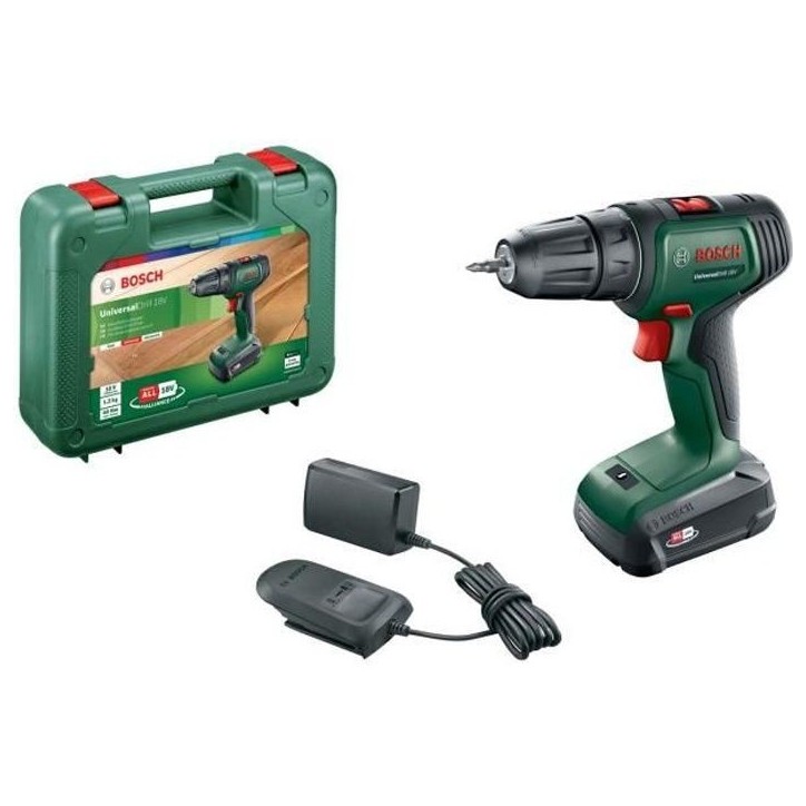 Perceuse-visseuse sans-fil Bosch - UniversalDrill 18V 40Nm + 1 batterie 1,5 Ah, 1 chargeur, 1 embout de vissage double et coffre Perceuse-visseuse sans-fil Bosch - UniversalDrill 18V 40Nm + 1 batterie 1,5 Ah, 1 chargeur, 1 embout de vissage double et coffre