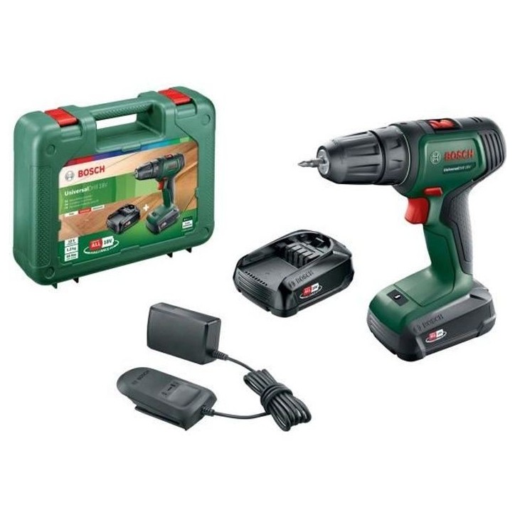 Perceuse-visseuse sans-fil Bosch - UniversalDrill 18 (Livrée avec 2 batteries 18V-1,5Ah + chargeur + coffret de transport) Perceuse-visseuse sans-fil Bosch - UniversalDrill 18 (Livrée avec 2 batteries 18V-1,5Ah + chargeur + coffret de transport)