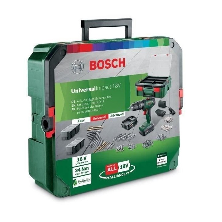 Perceuse-visseuse Bosch - UniversalDrill 18 (Livrée avec 2 batteries 1,5 Ah, SystemeBox, 241 accessoires) - PowerForAll