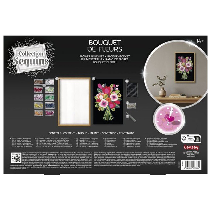 Jeu créatif - LANSAY - COLLECTION SEQUINS - BOUQUET DE FLEURS - Cadre en bois et illustration - Des 14 ans