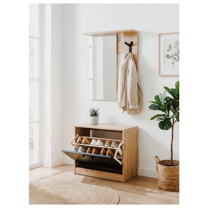 Vestiaire d'entrée - Décor chene et noir - L65 x H180 x P25 cm