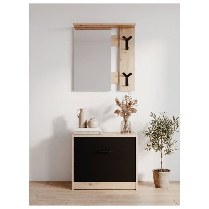 Vestiaire d'entrée - Décor chene et noir - L65 x H180 x P25 cm