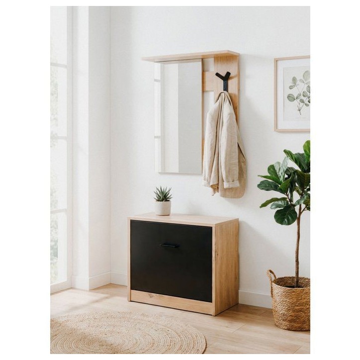 Vestiaire d'entrée - Décor chene et noir - L65 x H180 x P25 cm