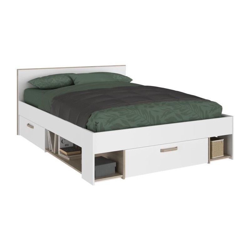 Lit adulte DREAM 140 x 190/200 cm - 3 tiroirs - Décor blanc et chene Lit adulte DREAM 140 x 190/200 cm - 3 tiroirs - Décor blanc et chene
